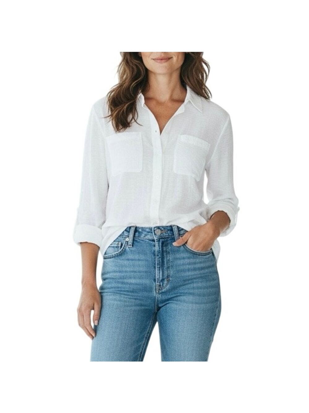 BeachLunchLounge White Viscose Tulip Back Button Down Pocket Blouse M